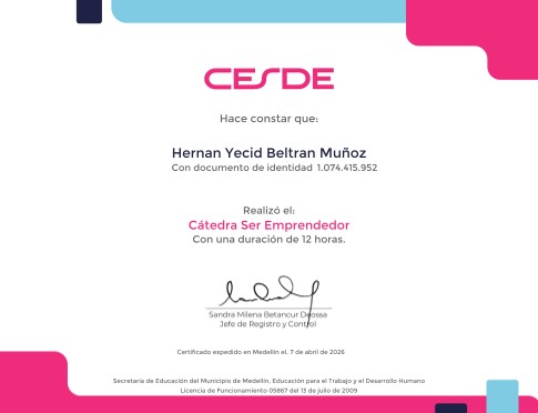 Certificado Cátedra Ser Emprendedor de Cesde