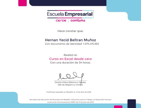 Certificado Curso en Excel desde cero de Cesde